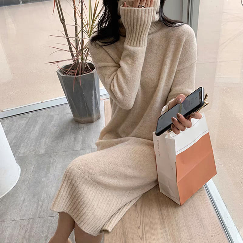 🔥Limited Time 50% Off 🔥Elegant Loose Solid Color Turtleneck Knit Dress