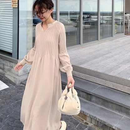 🔥HOT Sale 50% OFF🔥Women's Solid Color Knitted Long-sleeve Maxi Dress