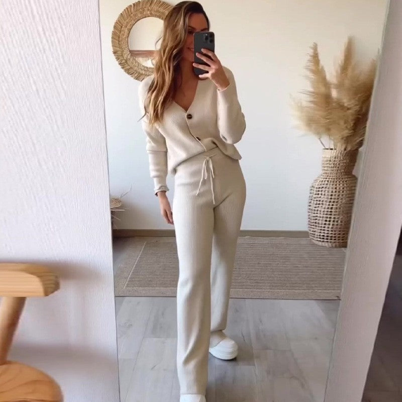 🔥🖤Black Friday Sale:50% OFF🔥Solid Color V-Neck Slim Knit Pant Suit