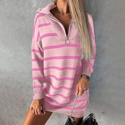 🌸Hot Sale 50% OFF🌸Women's Half-Zip Long Sleeve Striped Knitted Dress