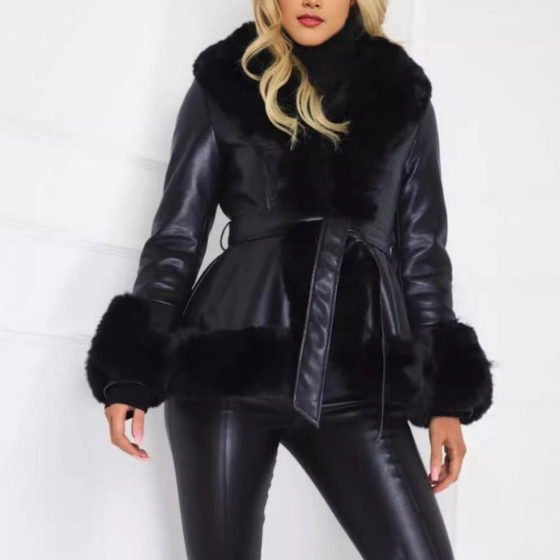 🔥🖤Black Friday Sale:51% OFF🔥Women's Faux-Leather Coat with Faux-Fur Collar