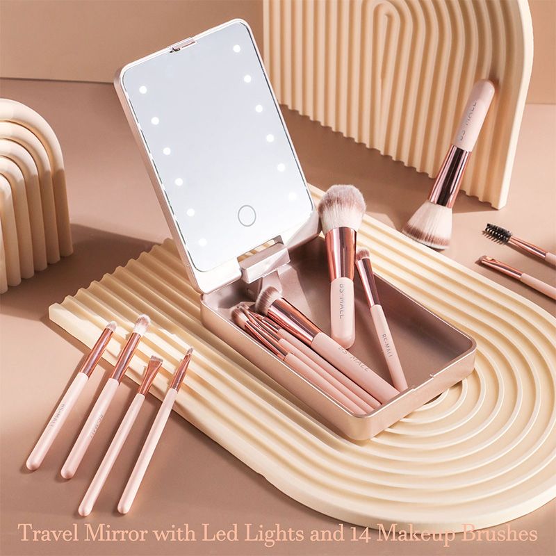 🔥Christmas Big Sale 50% OFF🌈Travel Makeup Brush Set with LED Light Mirror