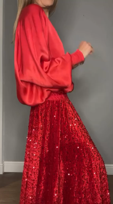 💃2025 New Arrival Pre-Sale✨Women's Long Sleeve Top & Sequin Maxi Skirt Two-Piece Set