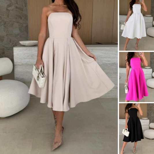 🔥👗Elegantes, einfarbiges, trägerloses Midikleid ✨ Nur für kurze Zeit: 50 % Rabatt! 🛍️