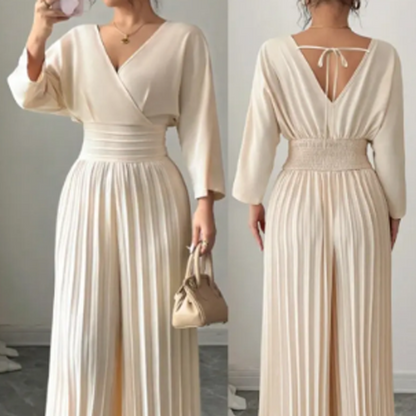🐰🌸 Oster-Angebot – 50% Rabatt auf alles✨Eleganter Jumpsuit mit V-Ausschnitt, Plissee und weitem Bein