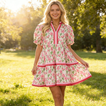 🌞Frühlingserwachen: 50% Rabatt!🌸Damen Florales Puffärmel-Minikleid – Kontrastbesatz & A-Linie für Sommer