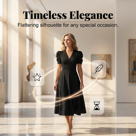 🥳2026 HEISSVERKAUF🥳💞50K+ VERKAUFT!💥💕🌿 50% RABATT! Elegantes Puffarm-Kleid – V-Ausschnitt & Taille betonen die Sanduhr-Silhouette. Atmungsaktiv, knitterfrei. Perfekt für reife Frauen. 👗✅