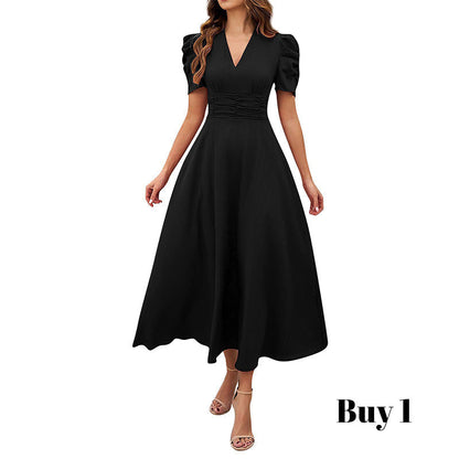 🥳2026 HEISSVERKAUF🥳💞50K+ VERKAUFT!💥💕🌿 50% RABATT! Elegantes Puffarm-Kleid – V-Ausschnitt & Taille betonen die Sanduhr-Silhouette. Atmungsaktiv, knitterfrei. Perfekt für reife Frauen. 👗✅