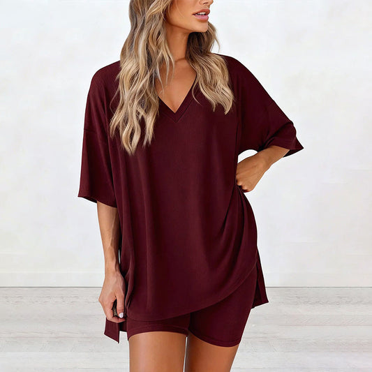 👚 50% RABATT ! ✨ Damen Lounge-Set mit V-Ausschnitt – Lockere Passform, Knitterfrei & Seidig Weich 🛋️