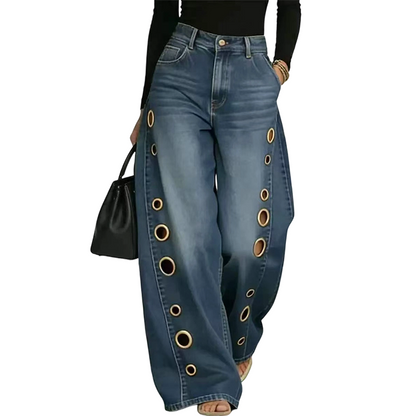 💥 50% RABATT 🔥 Damen Jeans mit weitem Bein & stylischer Ösenverzierung 👖 Trendig, bequem & absolut auffällig ✨