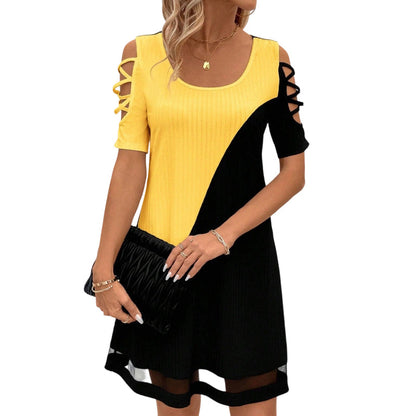 ⌛Zeitlich begrenztes Angebot – Midi-Kleid für Damen mit Rundhalsausschnitt im Color-Block-Design und Mesh-Saum