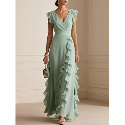 ⏳Zeitlich begrenzt 50% Rabatt⏰Damen V-Ausschnitt Rüschenkleid Chiffon Maxi-Kleid👗
