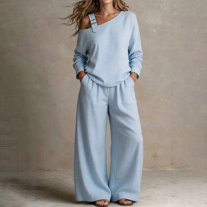 ✨Elegantes Set aus One-Shoulder-Oberteil und Hose mit weitem Bein für Damen