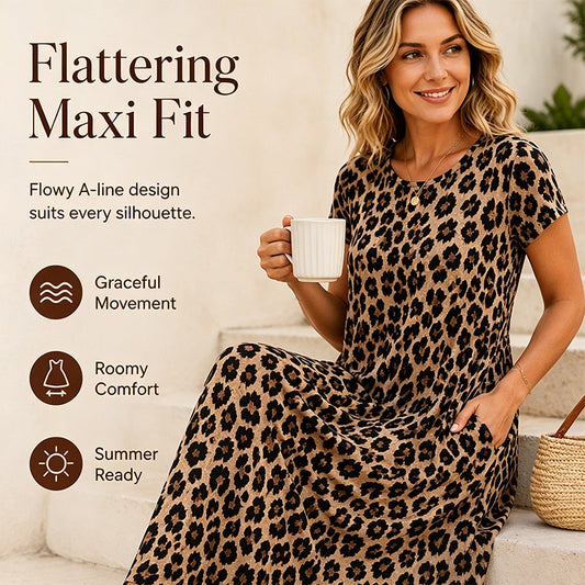 40% RABATT!👗Damen Leopardenmuster Maxi-Kleid mit Taschen Lässiges Kurzarm Langes Kleid