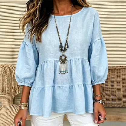 🌞👕50 % Rabatt！💨Damen Sommerbluse mit Laternenärmeln und gestuften Rüschen