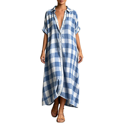 👗☀️ Sommer-Neuheiten: 50 % Rabatt！ 🔥Damen Kariertes Knopfleisten Maxi-Hemdkleid