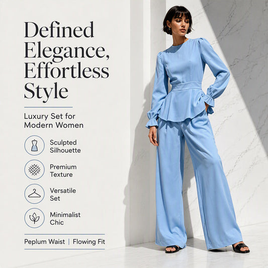 Damen Elegantes Puffärmel Oberteil & Weite Bein Hose Set