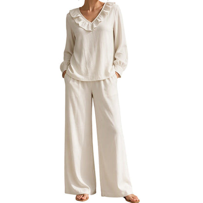 🌸Heißer Sale: 50 % Rabatt💖Zweiteiliges Outfit im Resort-Stil für Damen mit V-Ausschnitt: locker sitzendes Langarm-Oberteil und Hose mit weitem Bein