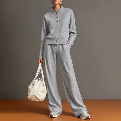 🌸Heißer Sale 50% RABATT💖 Damen-Strickjacke mit Knopfleiste und weit geschnittener Hose im Set