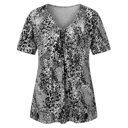 🎉Heißer Sale 2026: 50 % Rabatt💞 Damen-T-Shirt mit V-Ausschnitt, Leopardenmuster und kurzen Ärmeln – plissiertes Tunika-Oberteil