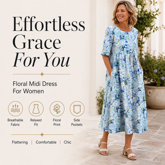 👗🌸 Elegantes langes Damenkleid mit Blumenmuster und Rundhalsausschnitt