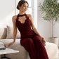 Damen Eleganter Neckholder Spitzen Plissee Weites Bein Overall