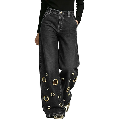 Weite Damenjeans mit Cut-Outs und Metallösen