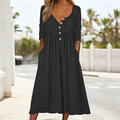 Damen V-Ausschnitt Knopf-Plisseekleid
