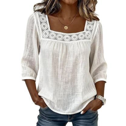 📢📢50%Rabatt!!!🎉✨Damen-Bluse mit Spitze und Häkelarbeit, eckiger Ausschnitt