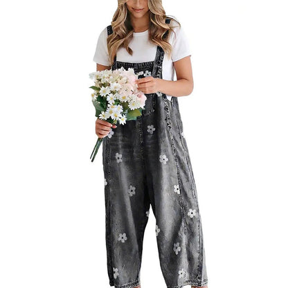 Damen Jeans-Latzhose mit Blumenmuster, lockere Passform