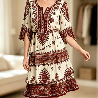 Damen Boho-Kleid mit V-Ausschnitt und stufenförmigen Rüschen