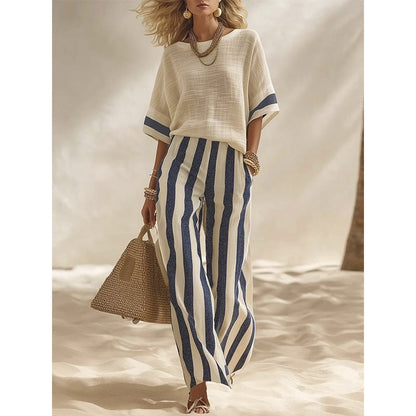 Damen Casual Gestreiftes Zweiteiler-Set mit Weitem Bein