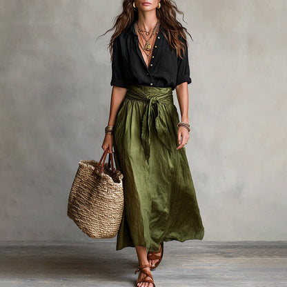 🏷️⭐Herbst-Neuheiten – 50 % Rabatt！👚👗Damen Elegantes Hemd & Bindegürtel-Rock-Set