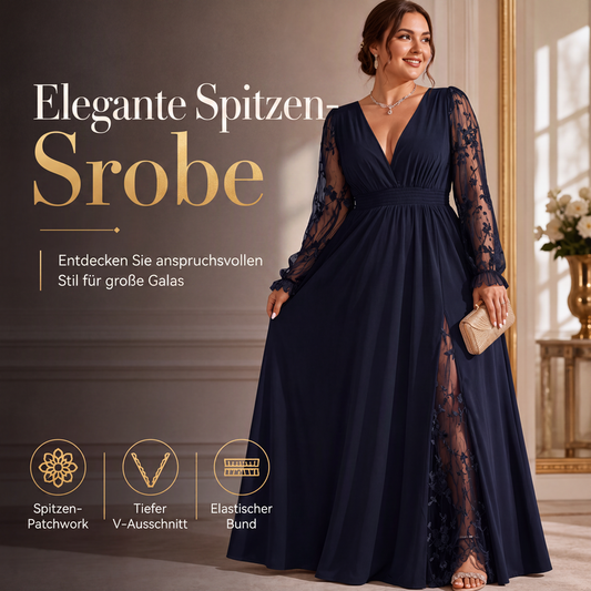 🌤️🛍️Neu für den Herbst – 50 % Rabatt！👗Elegantes Damen-Maxikleid mit V-Ausschnitt und Spitzenapplikationen