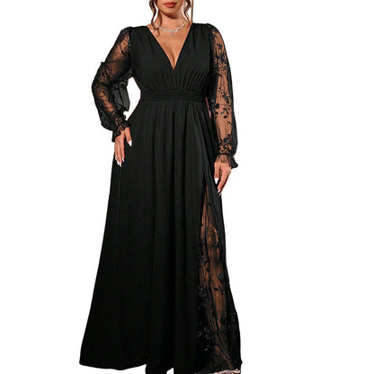 🌤️🛍️Neu für den Herbst – 50 % Rabatt！👗Elegantes Damen-Maxikleid mit V-Ausschnitt und Spitzenapplikationen