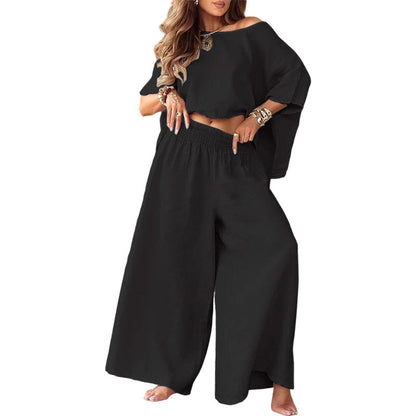 Damen-Off-Shoulder-Oberteil & Weite-Hosen-Set