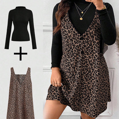 🐆50 % Rabatt！✨🛍️Leoparden-Kleid und Top im Lagenlook