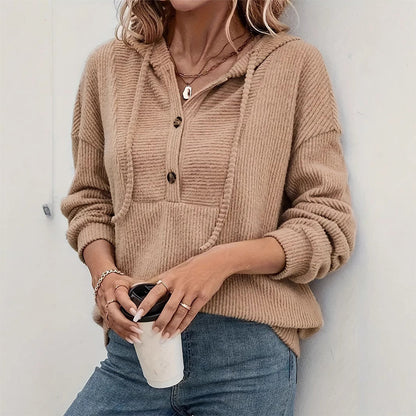 🧶 50 % RABATT | Gemütlich, lässig & vielseitig – Damen Rippstrick-Hoodie mit Knopfdetails