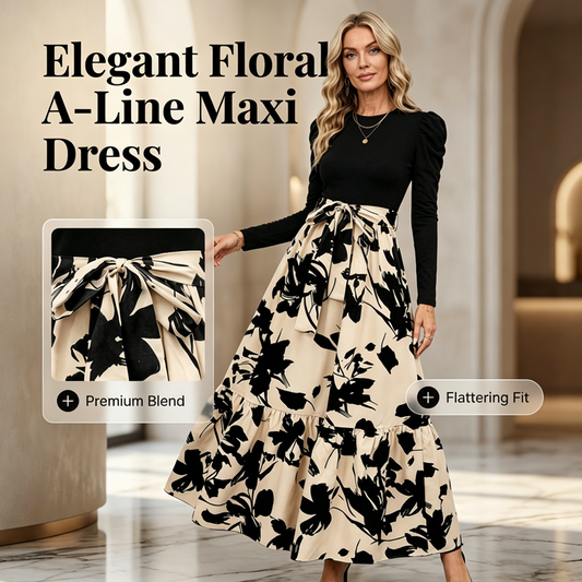 📢📢50%Rabatt!!!🎉✨Damen Maxikleid im A-Linien-Schnitt mit Blumenmuster und langen Ärmeln