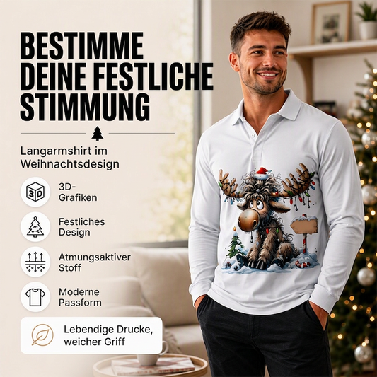 📢📢50%Rabatt!!!🎉✨Herren Langarm-Poloshirt mit Elchdruck