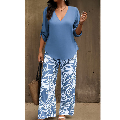 📢📢50% Rabatt!!! 🎉✨ Damen-Set aus V-Ausschnitt-Bluse & bedruckter Weithose