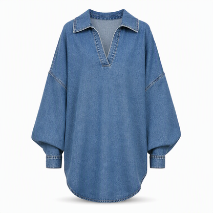 📢📢50%Rabatt!!!🎉✨Lässiges, lockeres Jeans-Pullover-Oberteil für Damen mit V-Ausschnitt, Fledermausärmeln und asymmetrischem Saum