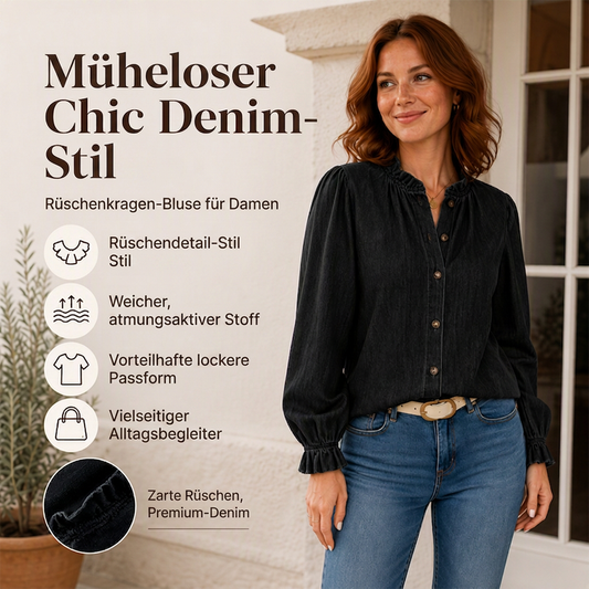 📢🎉50%Rabatt!!!🛍️✨Elegantes Jeanshemd mit Rüschen-Stehkragen für Damen