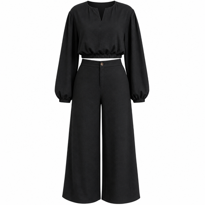 📢📢50%Rabatt!!!🎉✨Zweiteiler für Damen: Lässiges V-Ausschnitt-Crop-Top mit Laternenärmeln & Weite Hose mit hoher Taille