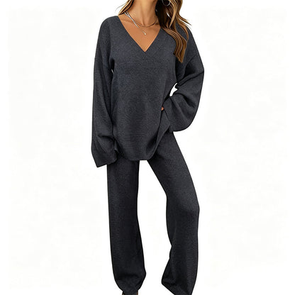 📢🎉50%Rabatt!!!🛍️✨Gestricktes V-Ausschnitt-Pullover & Weite-Hosen-Set für Damen
