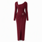 📢📢50%Rabatt!!!🎉✨Damen Herbst Winter Einfarbiges Stricktextur Langes Kleid mit Unregelmäßigem Ausschnitt