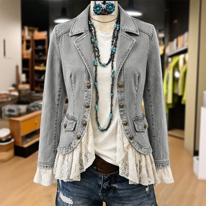 📢🎉50%Rabatt!!!🛍️✨Damen Jeansjacke mit Spitzenabschluss und Reverskragen