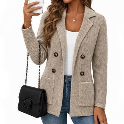 📢🎉50%Rabatt!!!🛍️✨Damen zweireihige Rippstrick-Strickjacke mit Taschen und Reverskragen