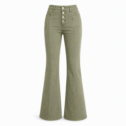 📢🎉50%Rabatt!!!🛍️✨Olivgrüne High-Waist Schlaghose Jeans für Damen mit mehreren Knöpfen und vertikalen Frontnähten