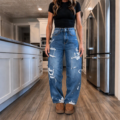 🎁Neu eingetroffen: 50% Rabatt + Gratis Versand!🎁 Damen Schicke Distressed Denim Weites Bein Hose